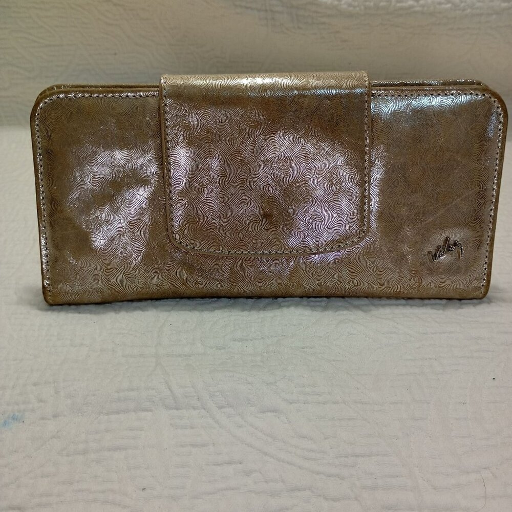 Velez Gold Leather Wallet With Snap Closure & Zippered Compartment Womens